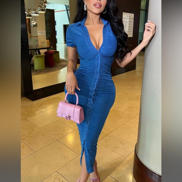 Royal Blue Slinky Button up Maxi Dress - Picture 1 of 5